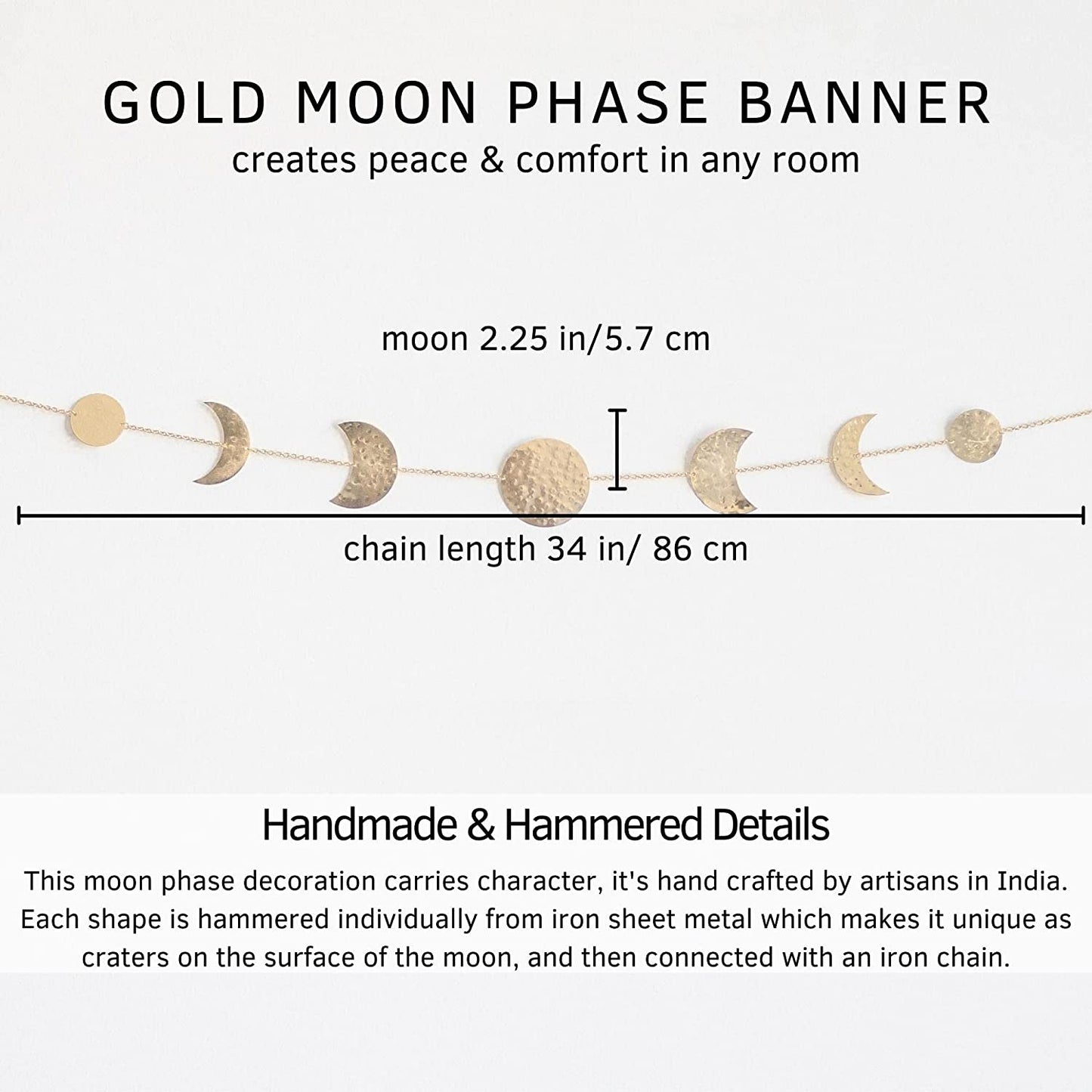 Moon Phase Wall Hanging [Handmade Hammered Gold Metal 7 Moons 34" Banner]