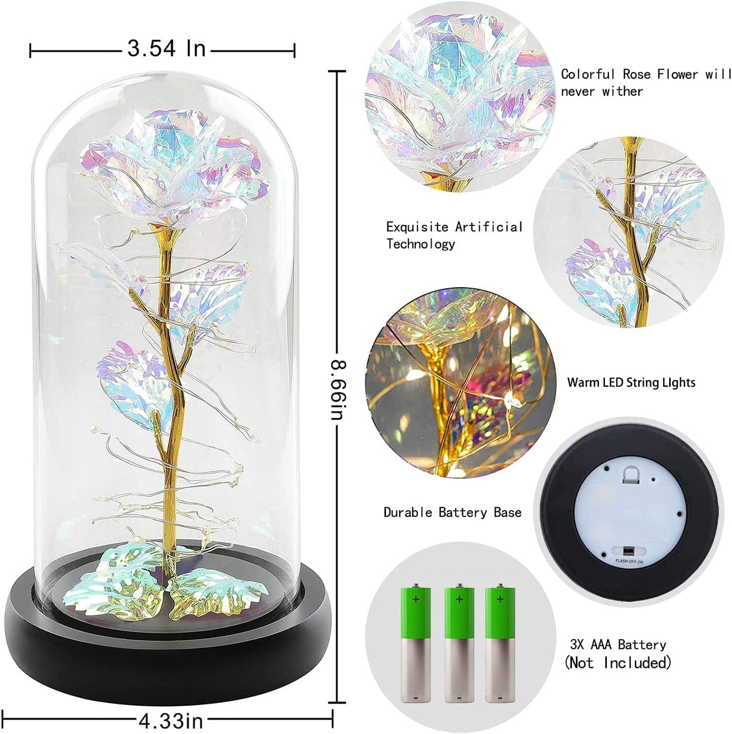 Galaxy Flower Rose Gifts, Artificial Flower Rose w/ LED Flowers in Glass Dome