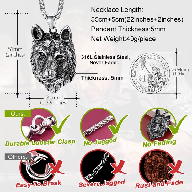 Norse Viking Wolf Pendant Necklace for Men Stainless Steel Scandinavia Jewelry Amulet - Silver