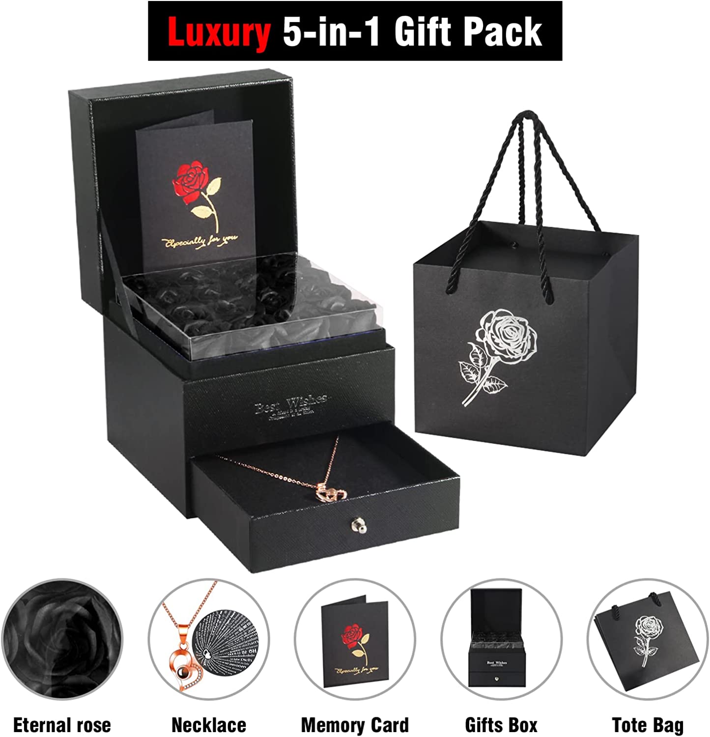 Eternal Preserved Rose, Handmade Box w/ Love You Necklace 100 Languages, Black