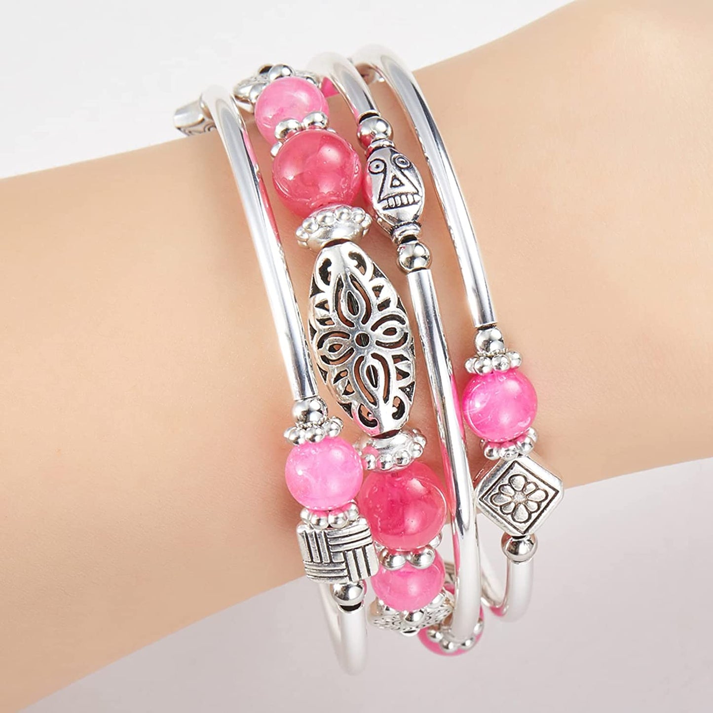 Layered Wrap Bangle Turquoise Bracelet-Bead Bracelet w/ Natural Agate Stone, 03-Hot Pink