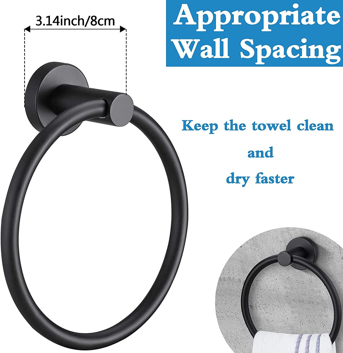 Matte Black Towel Ring for Bathroom 1 Pack, Kitchen Bath Towel Hangers Stainless Steel