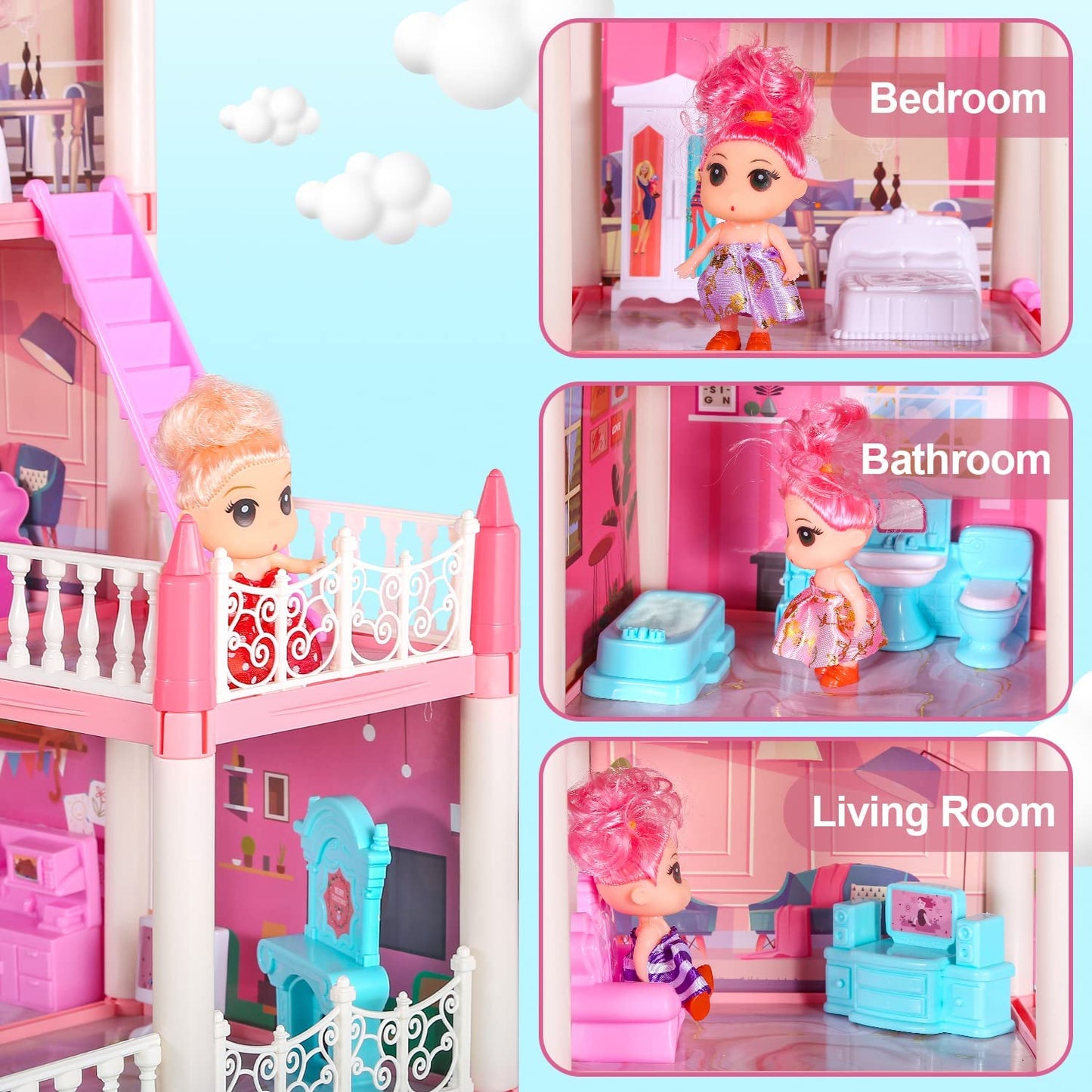 Dollhouse Dream House with 6 Dolls, Pink Doll House Playset Toy with Accessories and Furnitures
