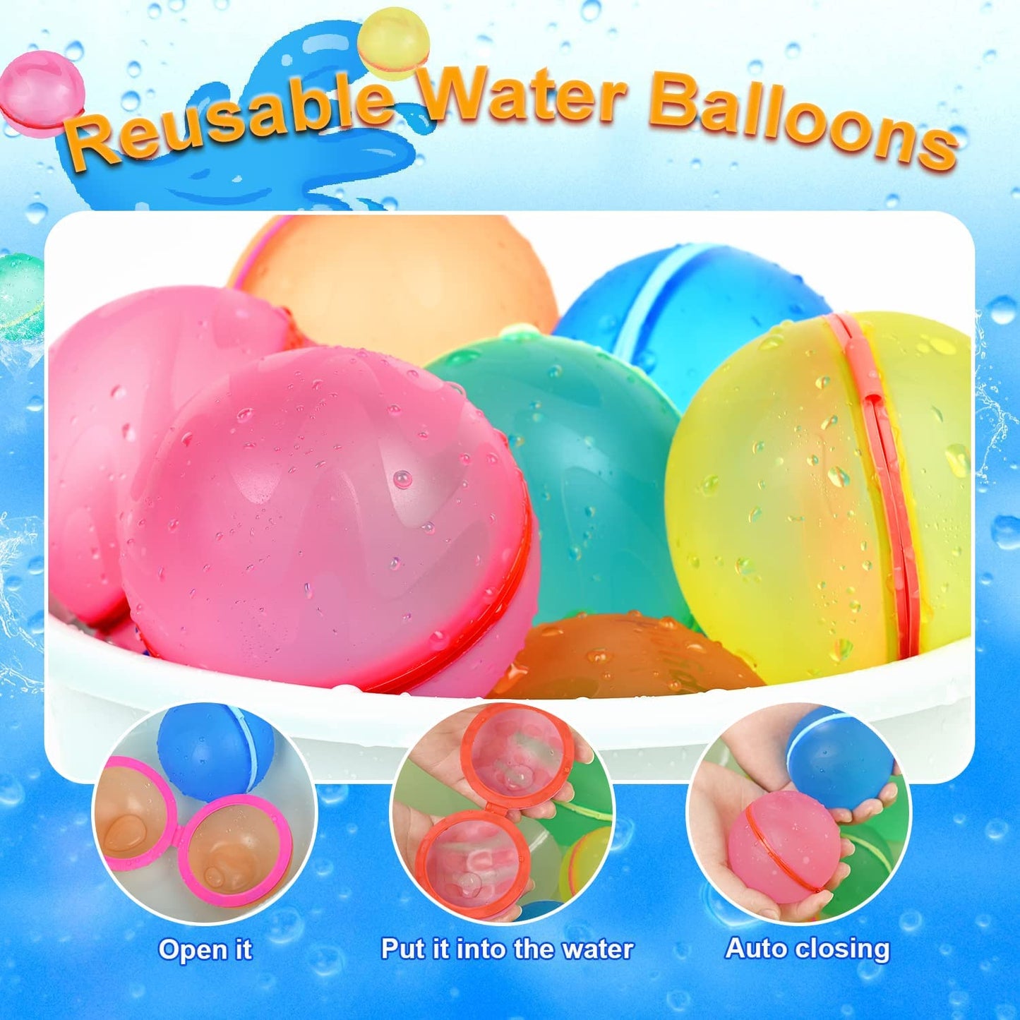 Reusable Water Balloons Self Sealing Easy Quick Fill, Silicone Water Balls Summer Fun Outdoor Toys (6 PCS)