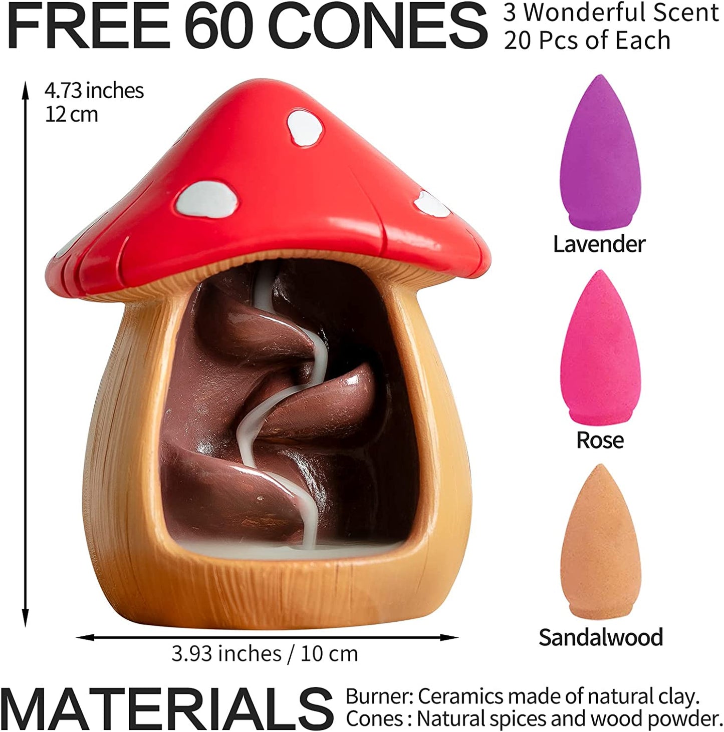 Cute Mushroom Incense Holder with 60 Incense Cones, Brown