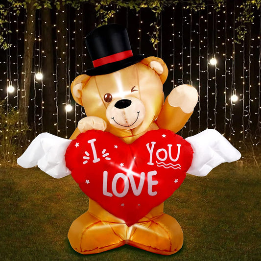 4 FT Valentines Day Inflatable Teddy Bear Outdoor Decoration w/ Love Heart, LED Light