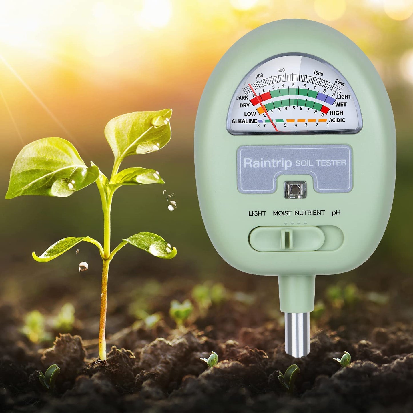 4-in-1 Soil Ph Meter, Soil Tester for Moisture, Light,Nutrients, pH,Plant Care Tools, Great for Garden, Lawn, Farm, Indoor & Outdoor Use (No Battery Required)