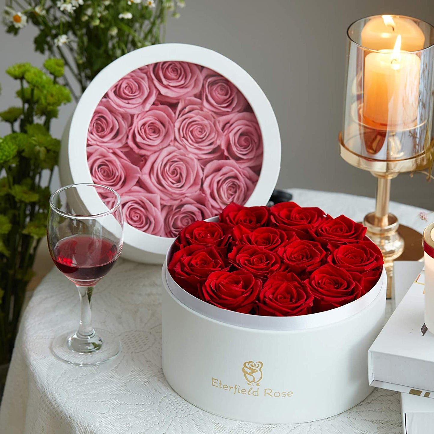 Preserved Roses That Last a Year Eternal Roses in Box Real Rose without Fragrance Gift for Her/Mothers Day(Pink Rose, Round White PU Leather Box)