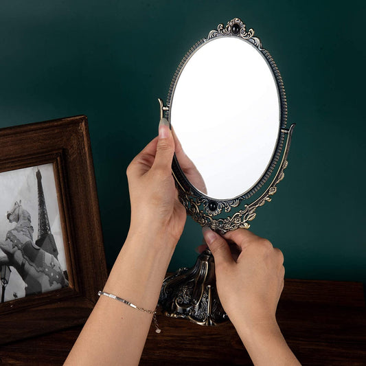 11.2 inch Metal Vintage Makeup Mirror Floral Tabletop Oval Vanity Swivel Double Sided Mirror with Stand Elegant (Bronze)