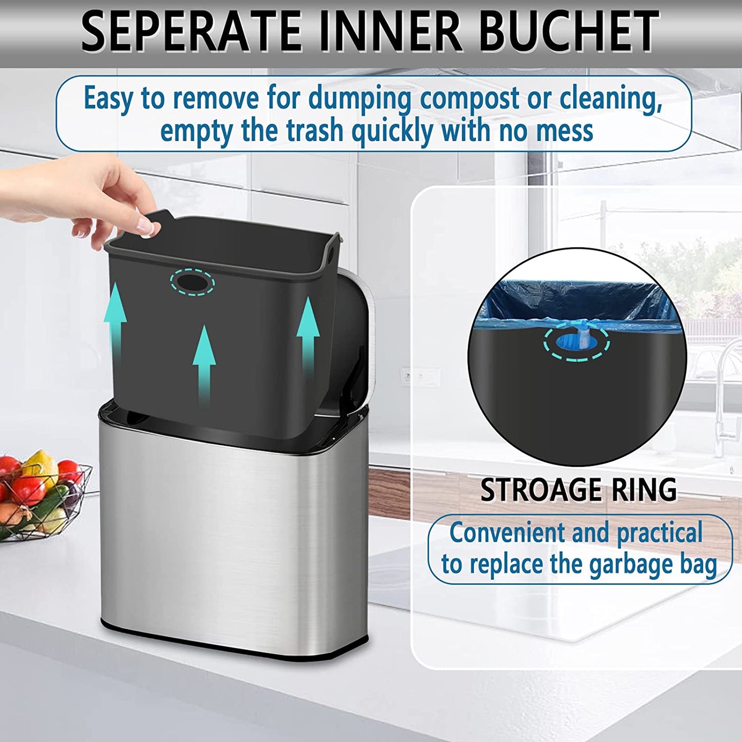 Kitchen Hanging Compost Bin, 4L/1.05Gal Stainless-Steel Small Trash Can with Lid for Counter Top & Under Sink