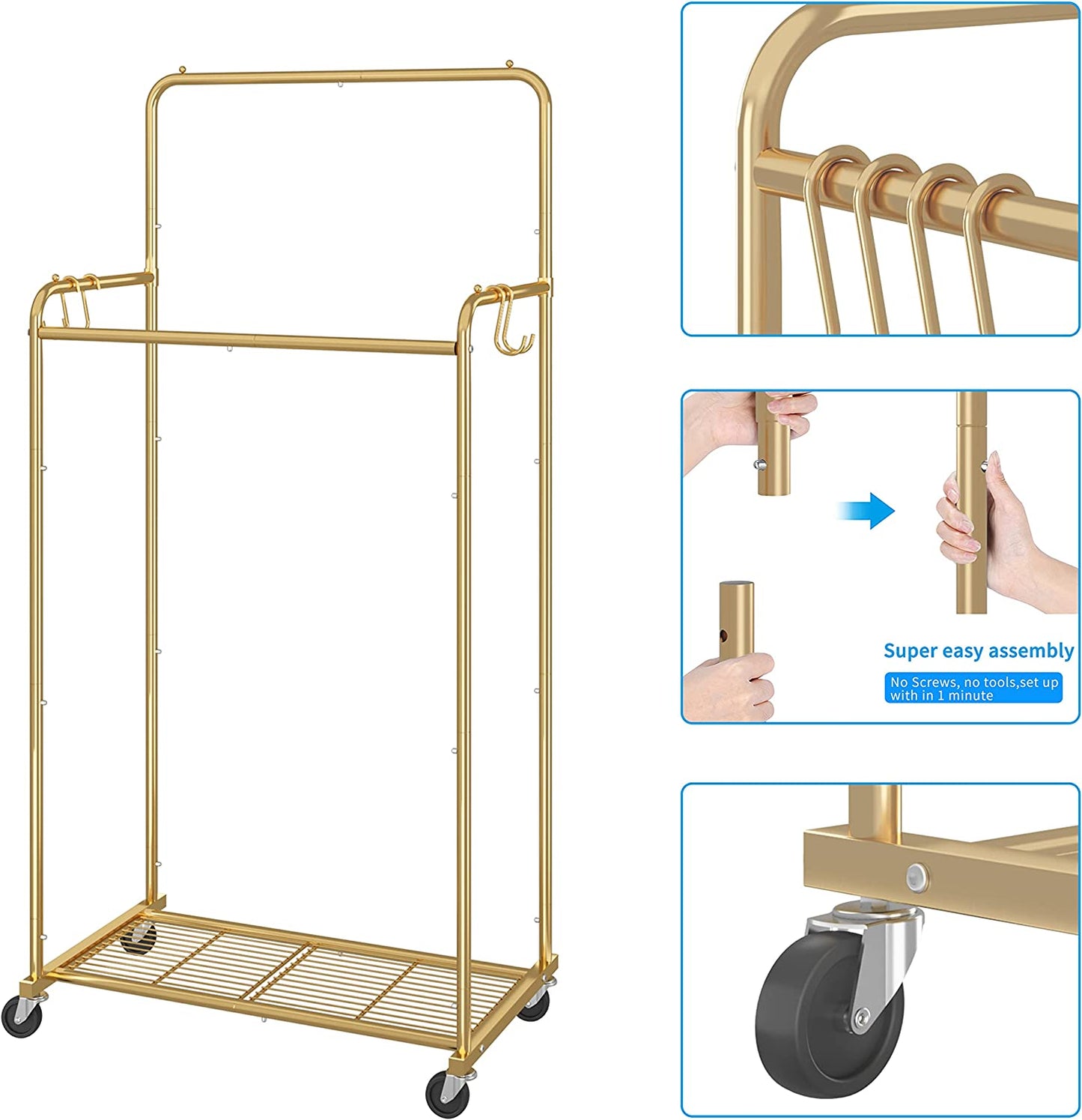 Double Rod Rolling Clothes Garment Rack, Heavy Duty for Hanging Clothes w/ 4 Hooks, Gold