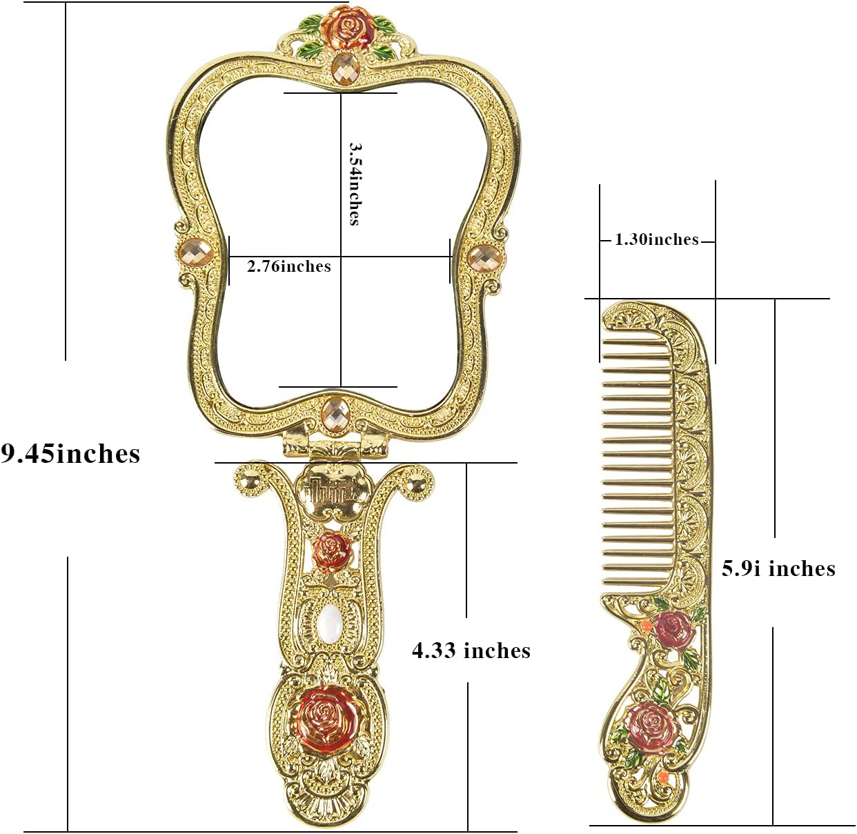 Antique Mirror Comb Set Vintage Metal Handheld Makeup Mirror w/ a Comb Russian Style Embossed Rose Foldable Gold-1