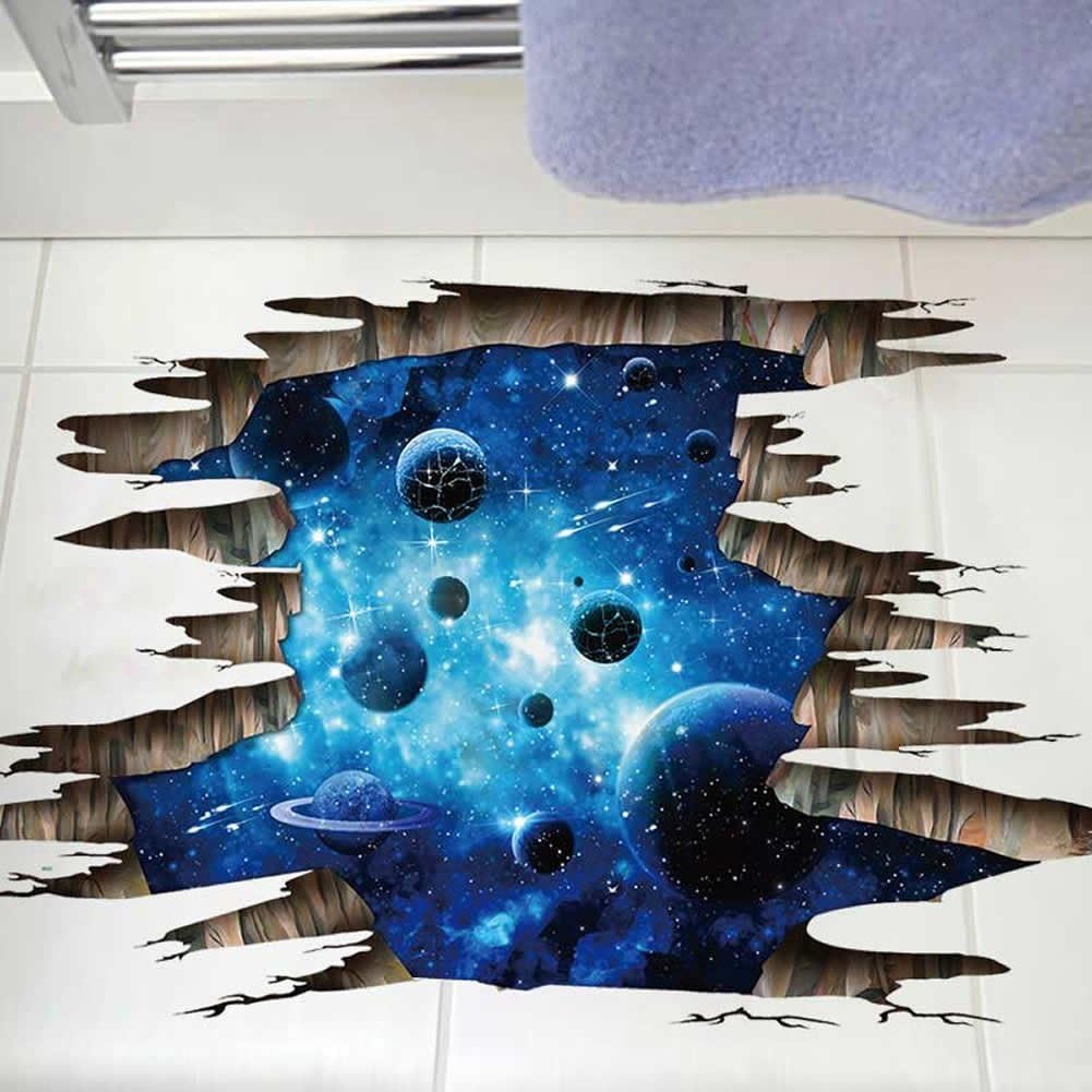 3D Space Floor Sticker,Blue Galaxy Wall Decal-Removable Mural for Kids Bedroom Living Room Milky Way Decorations