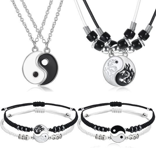 8 Pieces Matching Yin Yang Pendant Necklace Bracelet Set Couple Adjustable Black White, Chic Style