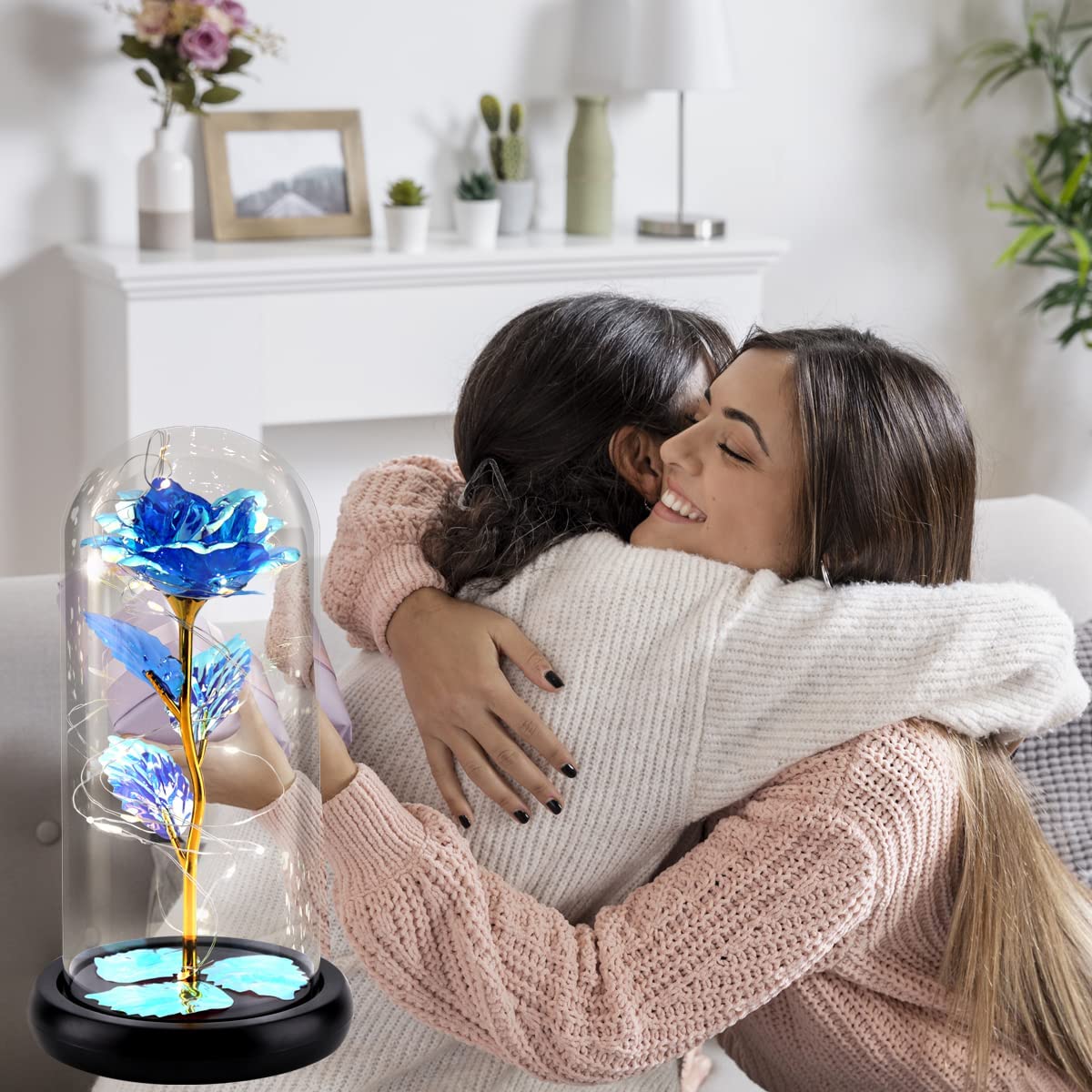 Valentines Rose Flower Gifts, Beauty & The Beast Rose, Galaxy Rose in A Glass Dome w/ LED Light, Blue