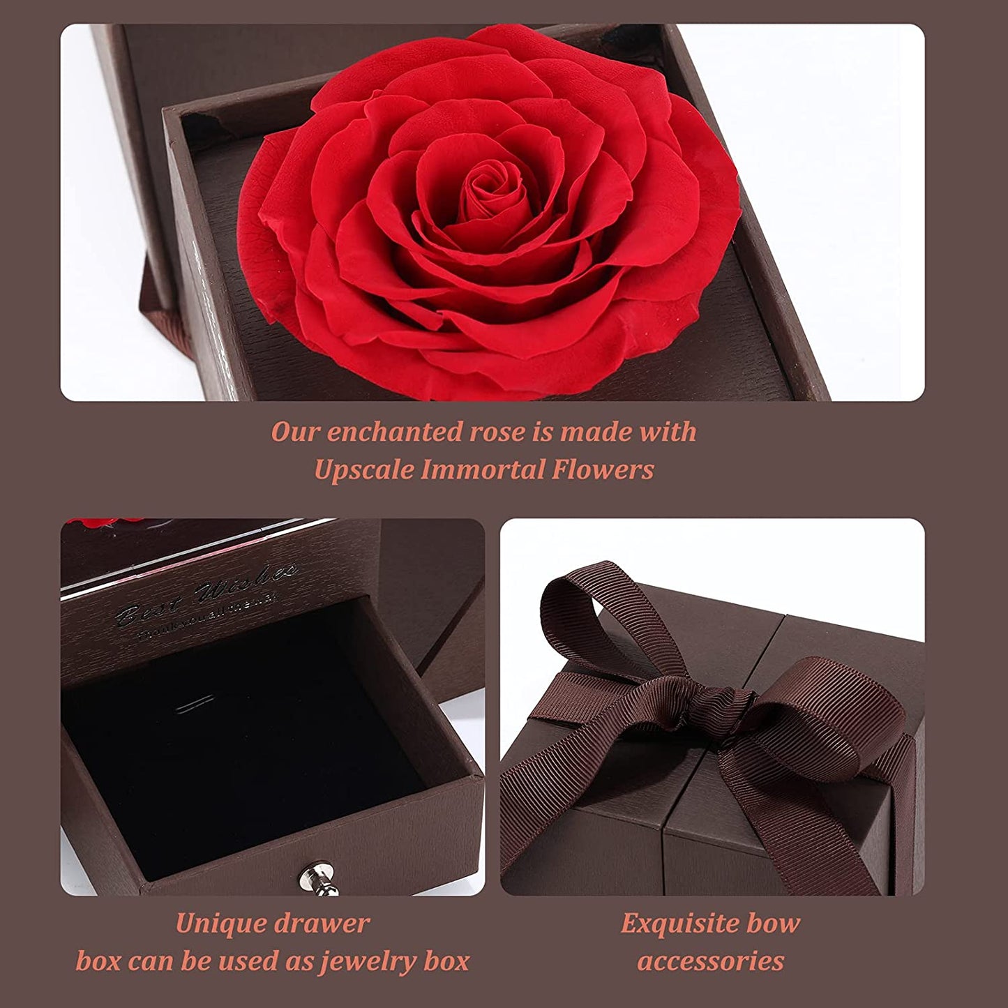 Roses Gift Preserved Real Rose with Jewelry Box, Artificial Flowers Decor (Red)