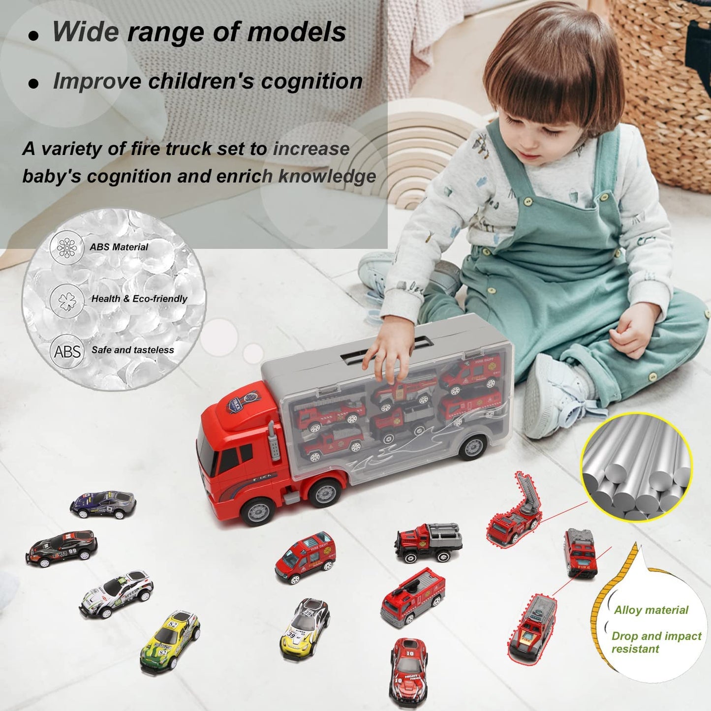 Kids Red Toys Car for Boys Truck 13 in 1 Large Transport Cars Carrier Set