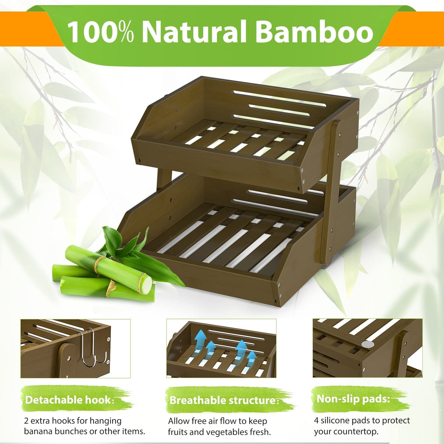 Bamboo Fruit Basket â 2 Tier Fruit Bowl For Kitchen Counter, Large Capacity Fruit Holder w/ 2 Banana Hangers (WALNUT)