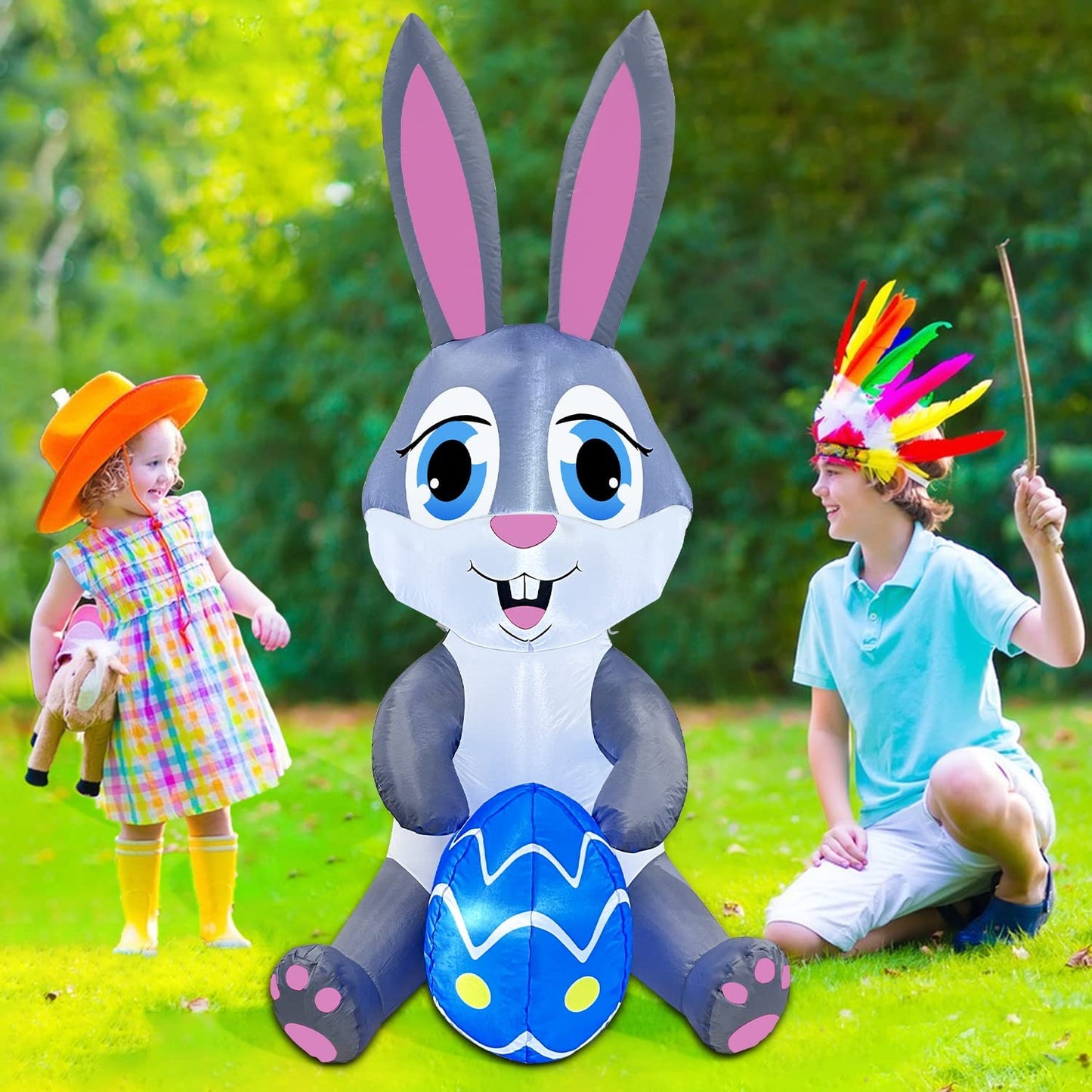 5FT Easter Inflatables Bunny Decorations with Bright Led Lights & Sandbags Stakes Strings