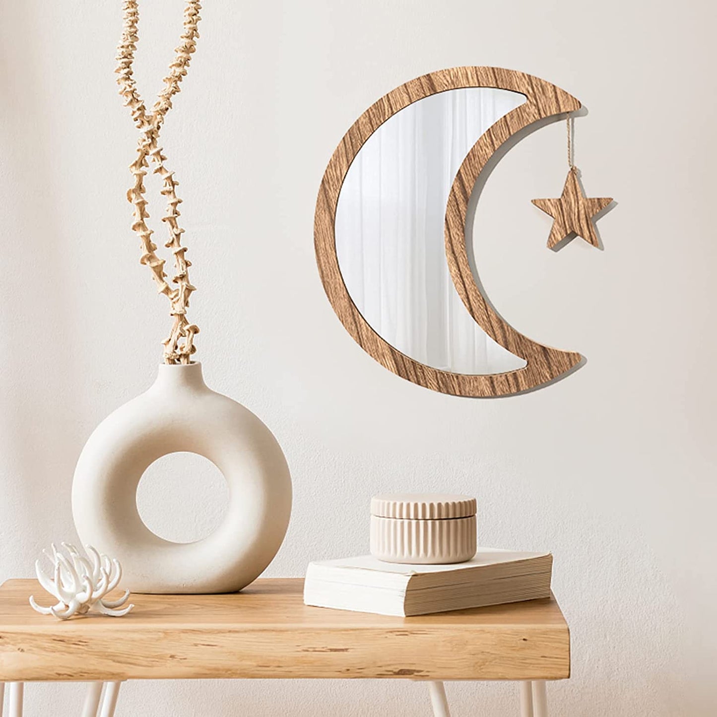 Boho Wall Decor Mirror 12.9 in Rustic Wood Moon Mirror w/ Real Glass, Carbonized Black