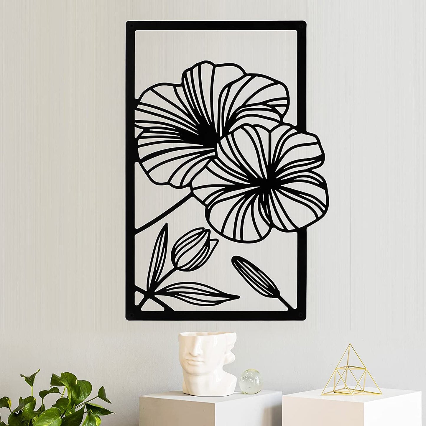 4 Pcs Metal Line Art Wall Decor Metal Flower Minimalist Sculpture Modern 16.5x11.9in (Black)