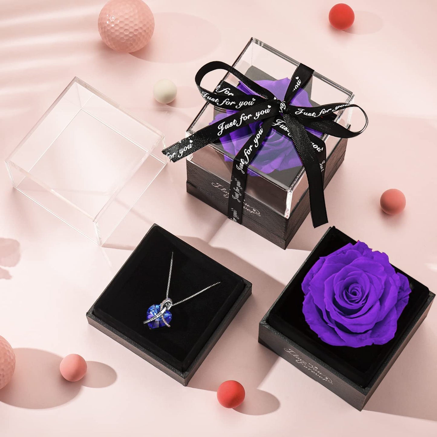 Preserved Real Purple Rose w/ Heart I Love You Necklace -Eternal Flowers Rose Gifts