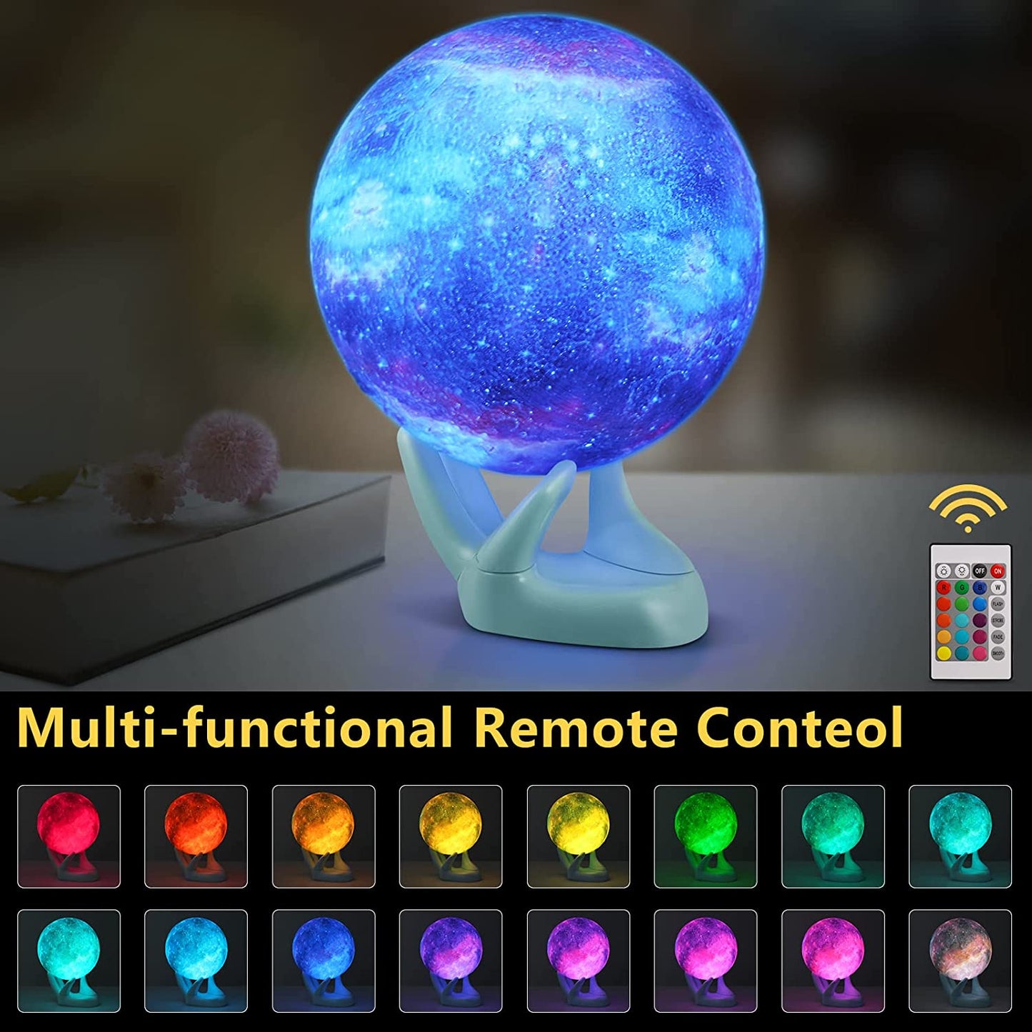 16 Colors Moon Lamp, Lava Night Light Galaxy Lamp,3D Moon (5.9 inch, Light Blue Base)