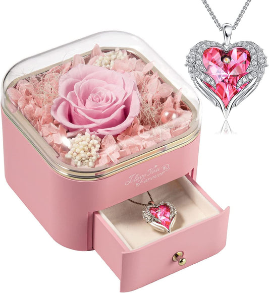 Valentines Day Gifts for Her, Preserved Pink Rose with Pink Necklace for Women