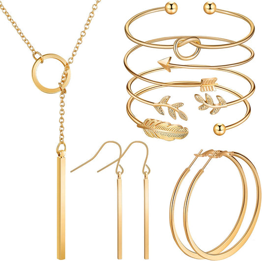 Simple Bar Jewelry Set Vertical Bar Necklace Earrings Adjustable Cuff Bracelet, Gold