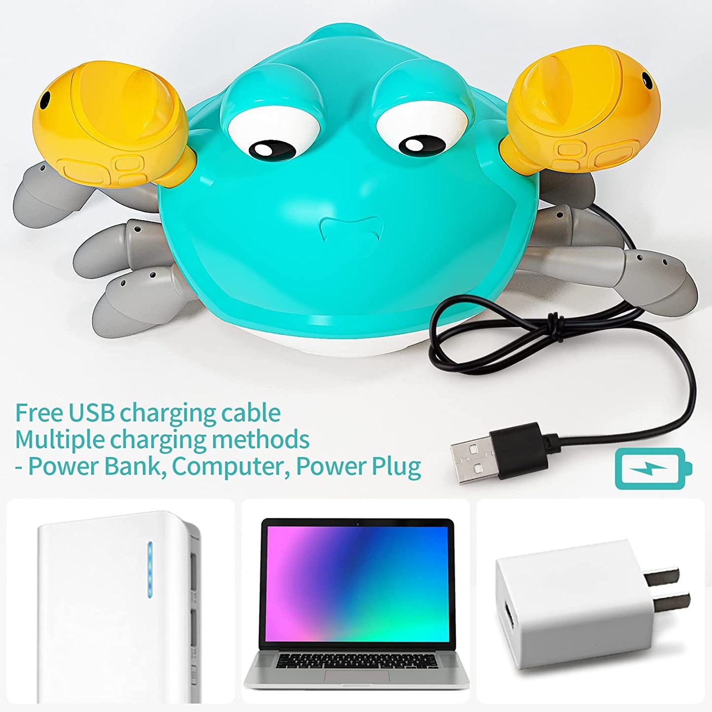 Green Crawling Crab Toys with Light Up, Interactive Musical w/ Automatically Avoid Obstacles, USB Rechargeable
