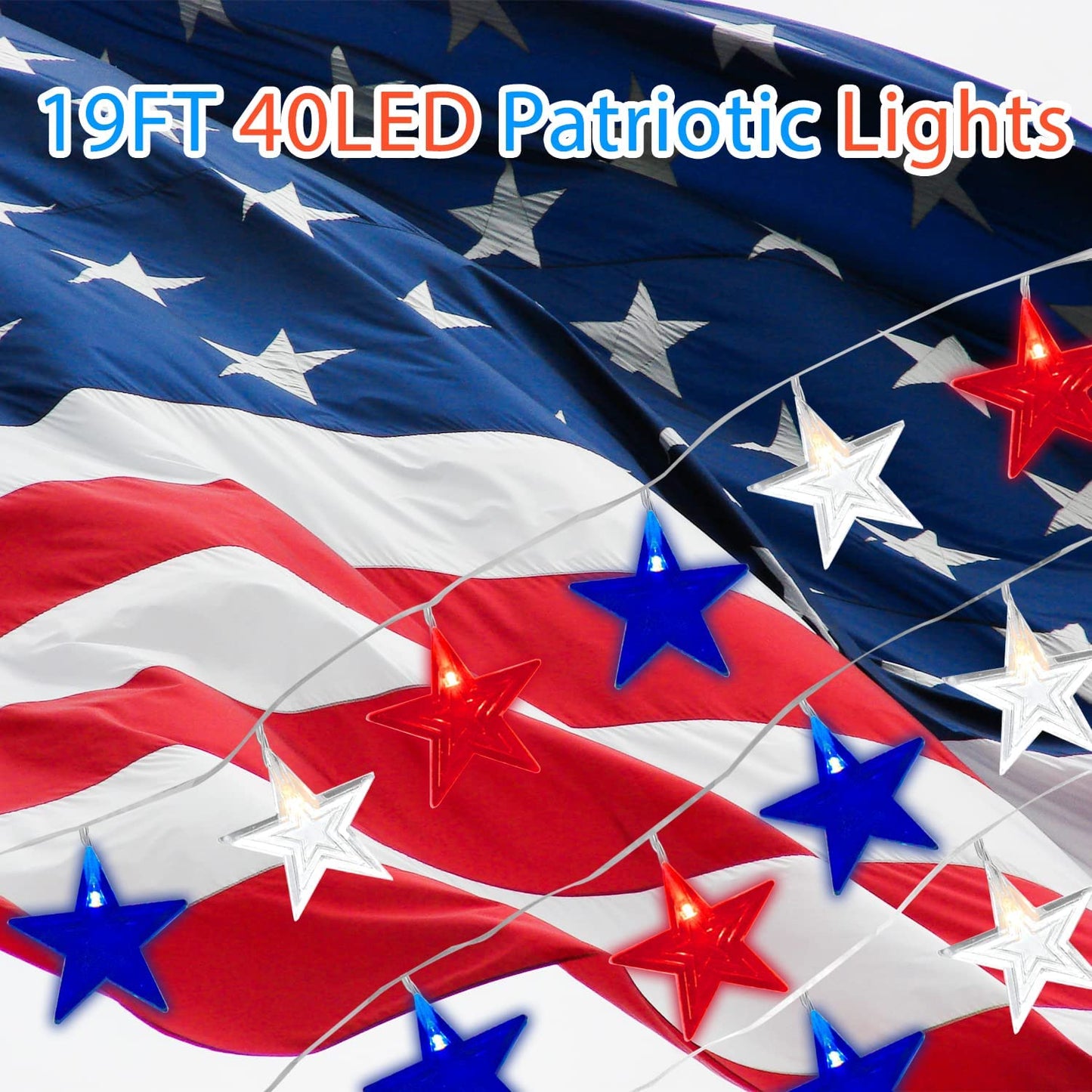 4th of July Decorations Memorial Day Red White and Blue Lights Battery Operated String Lights 19FT 40 LED