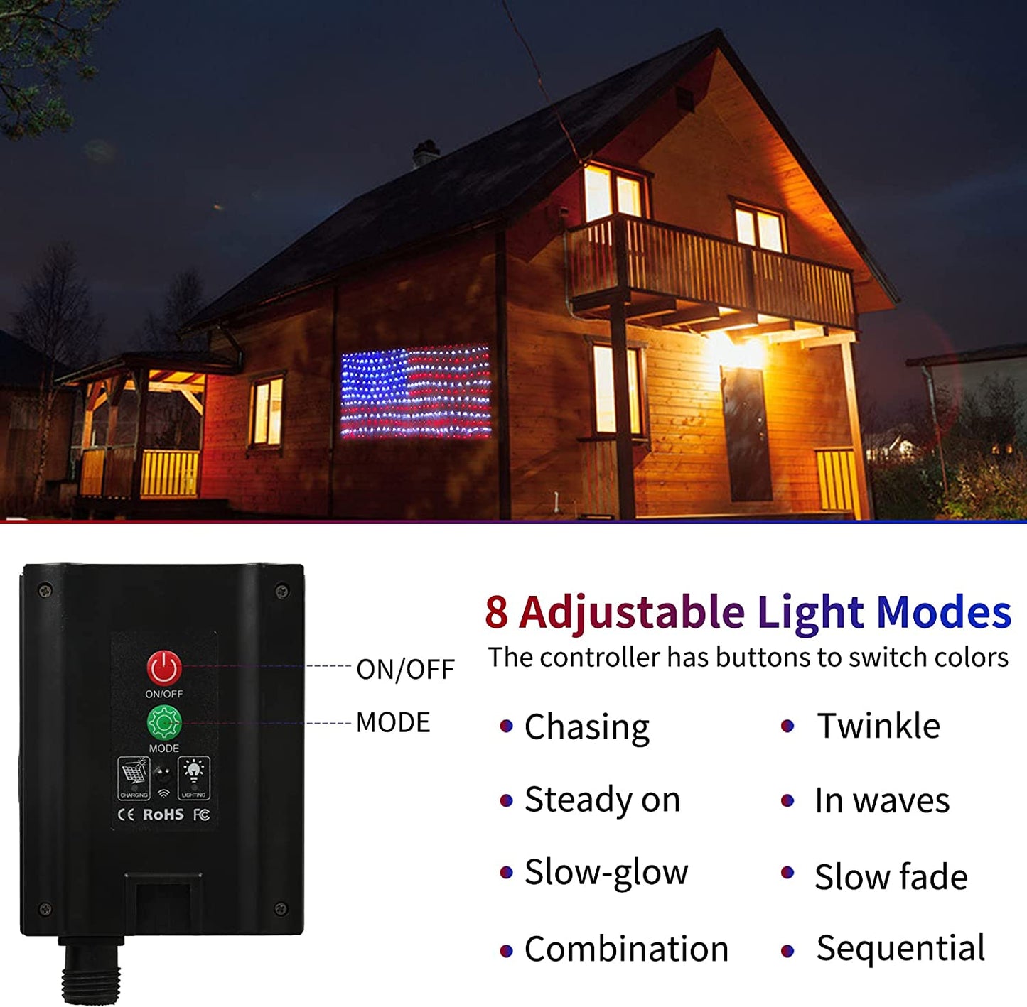 American Flag Lights, 2-in-1 Solar Powered & Plug in 6.54 FT x 3.28 FT