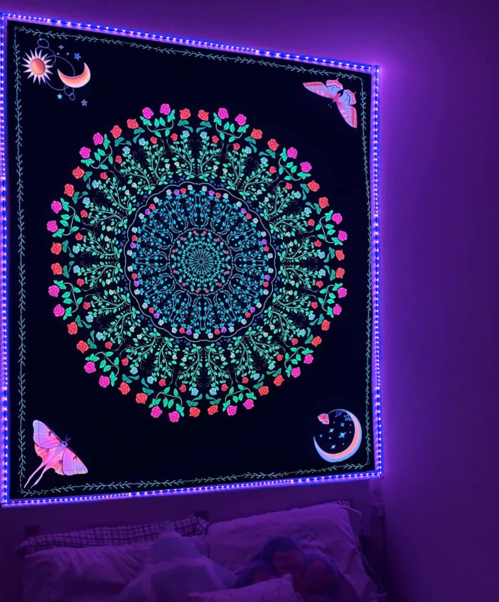 Valentines Day Gift Tapestry Glow in the Dark Pink Roses, Aesthetic Mandala Flower 48"x36"