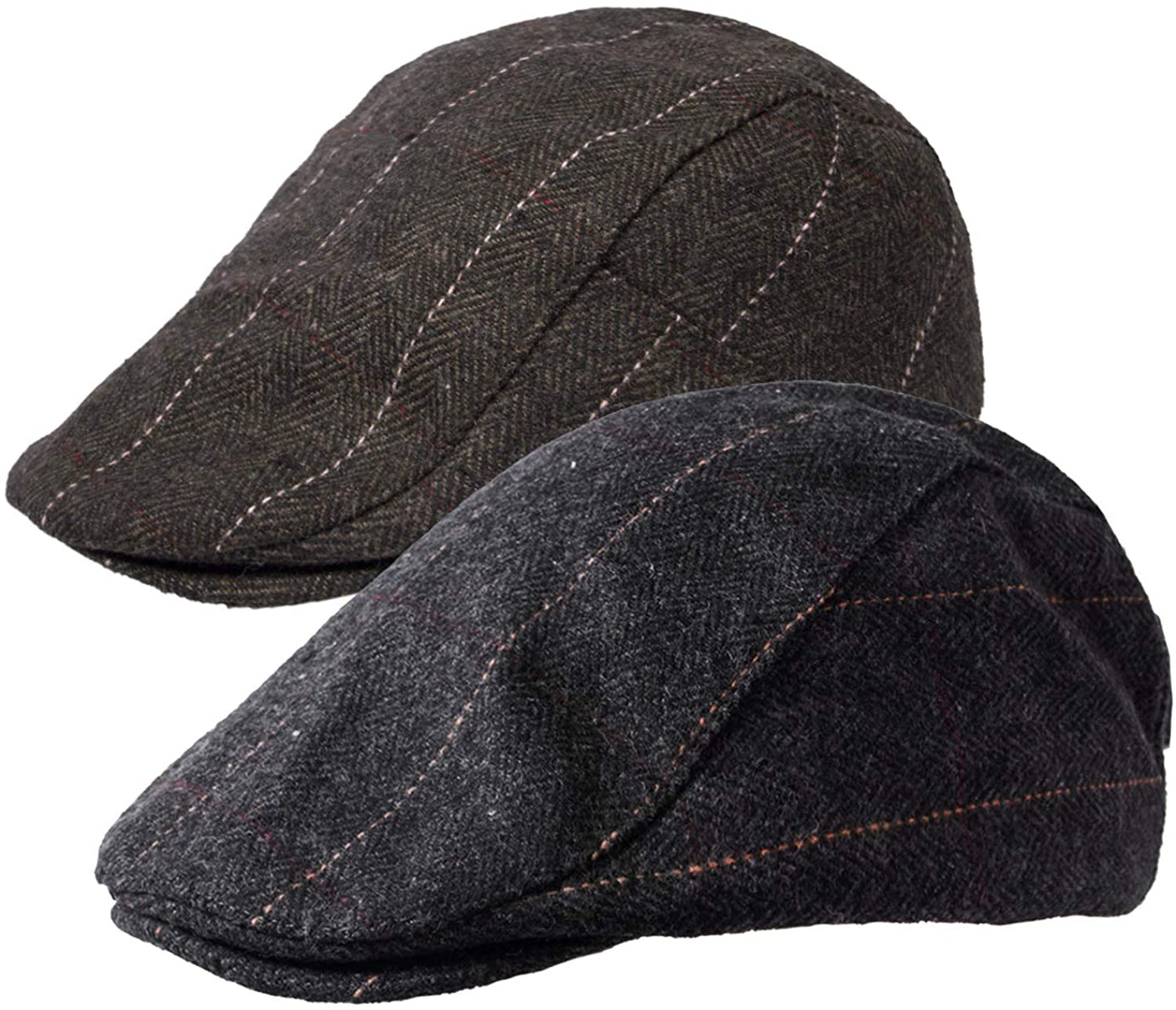 2 Pack Newsboy Gatsby Hats for Men Classic Herringbone Tweed Wool Blend