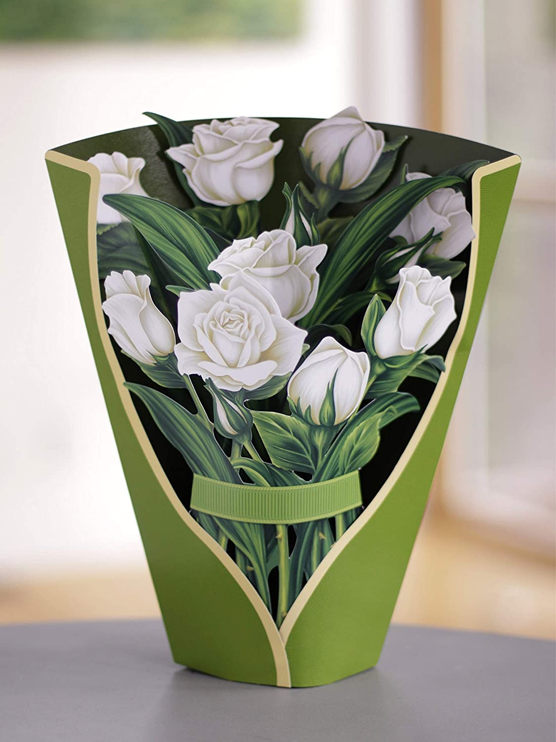 Paper Pop Up Cards, White Roses, 12 inch Life Sized 3D w/ Note Card and Envelope for Mothers Day