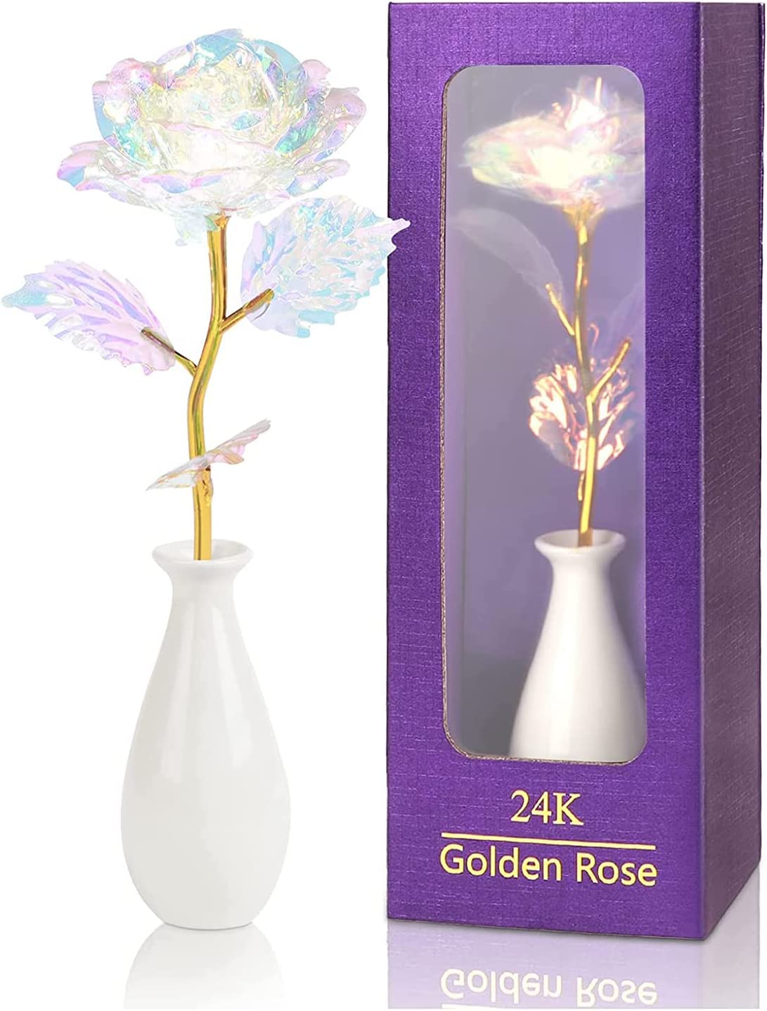 Valentines Day Gifts for Her, Rainbow Artificial Rose Flower w/ Gold Foil Stem & Ceramic Vase