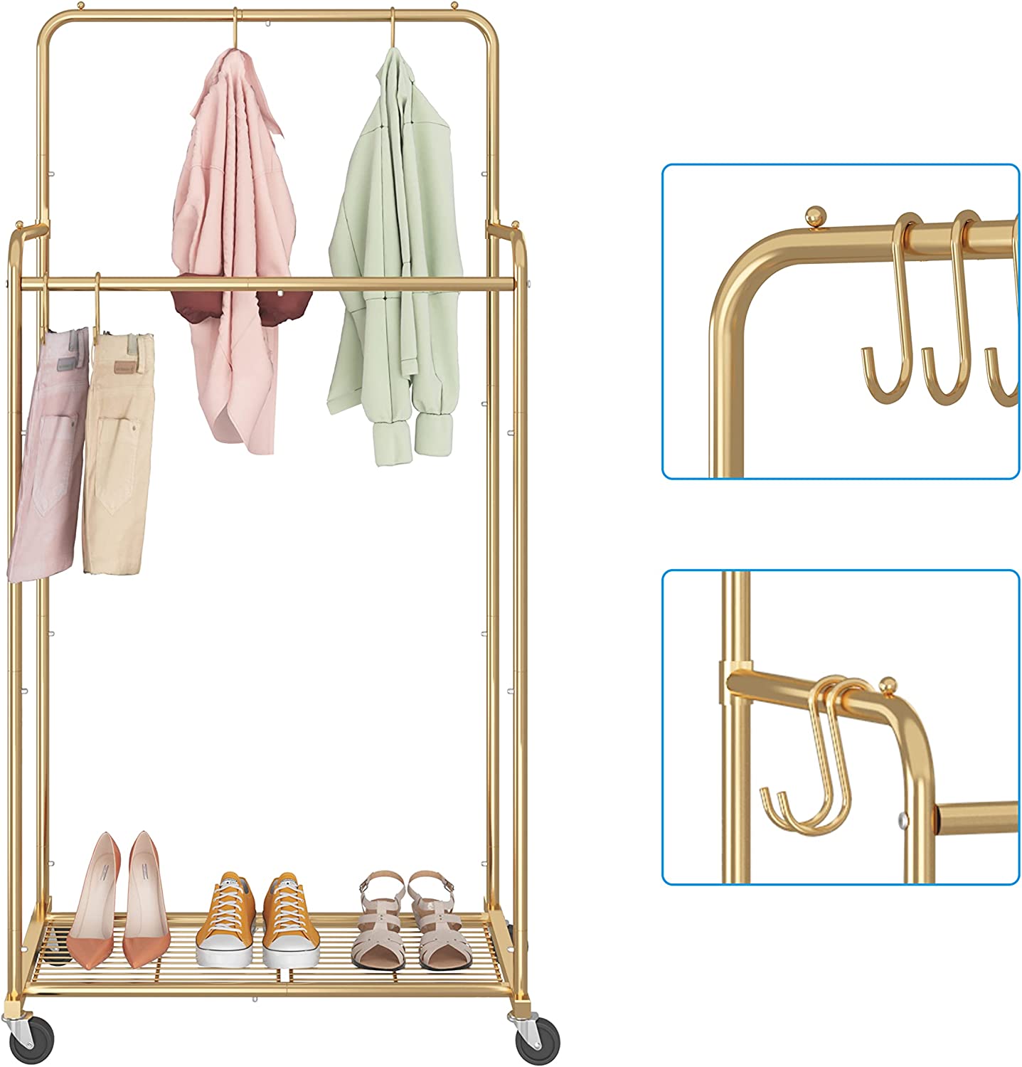 Double Rod Rolling Clothes Garment Rack, Heavy Duty for Hanging Clothes w/ 4 Hooks, Gold