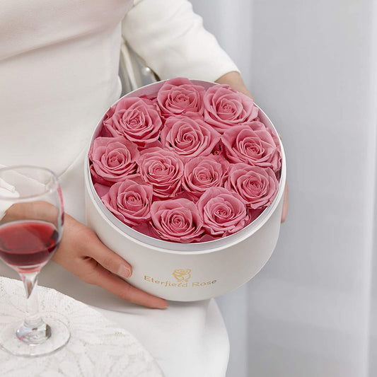 Preserved Roses That Last a Year Eternal Roses in Box Real Rose without Fragrance Gift for Her/Mothers Day(Pink Rose, Round White PU Leather Box)