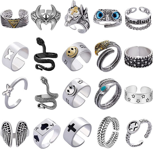 Men's Vintage Open Rings Set Frog Snake Skull Cool Punk Goth Ring Adjustable, Silver-20 Pcs