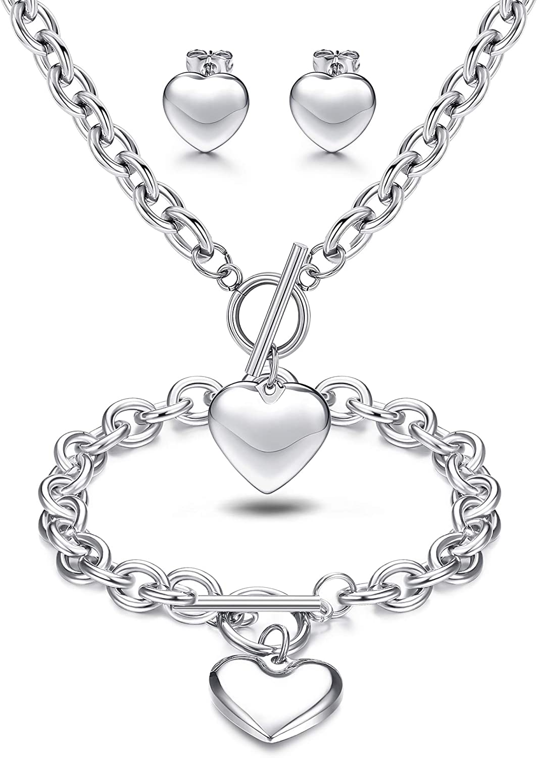 3Sets Heart Pendant Necklace Toggle Chain Bracelet Stud Earrings Stainless Steel, Silver Tone