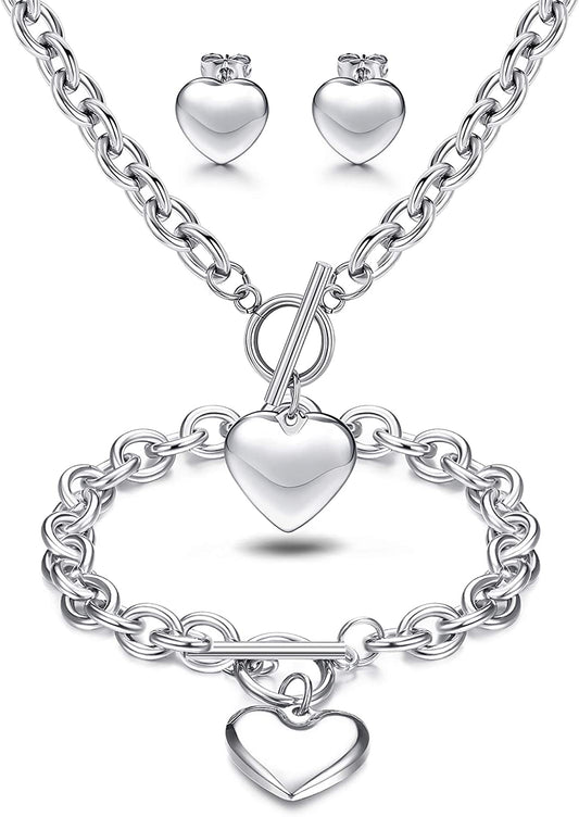 3Sets Heart Pendant Necklace Toggle Chain Bracelet Stud Earrings Stainless Steel, Silver Tone