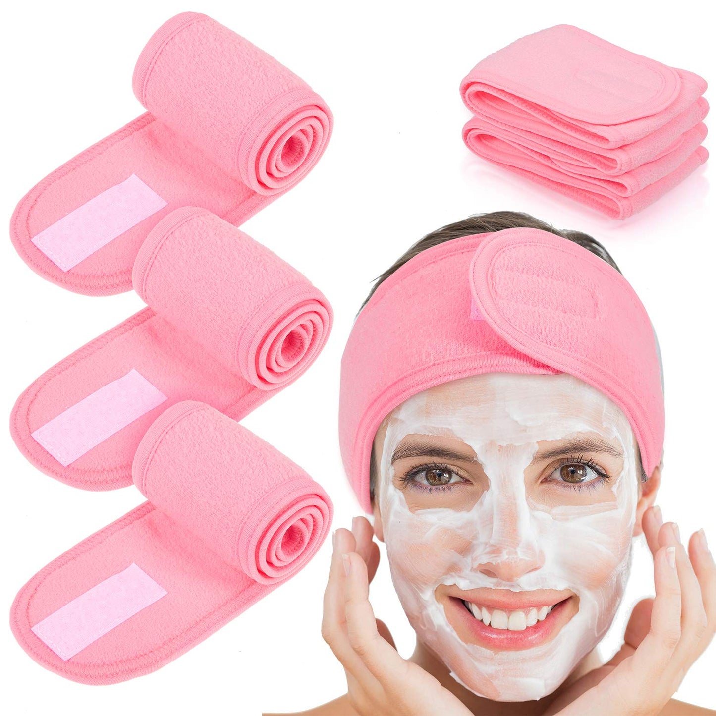 4 PCS Spa Headband, Make up Hair Band, Stretch Terry Cloth Headband for Sport Yoga Shower (Pink)