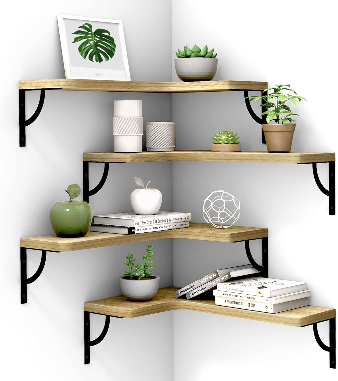 Corner Floating Shelves Wall Mounted Set of 4, Wood Display Storage Wall Shelves for Living Room, Bedroom, Office, Bathroom Kitchen & Decoration