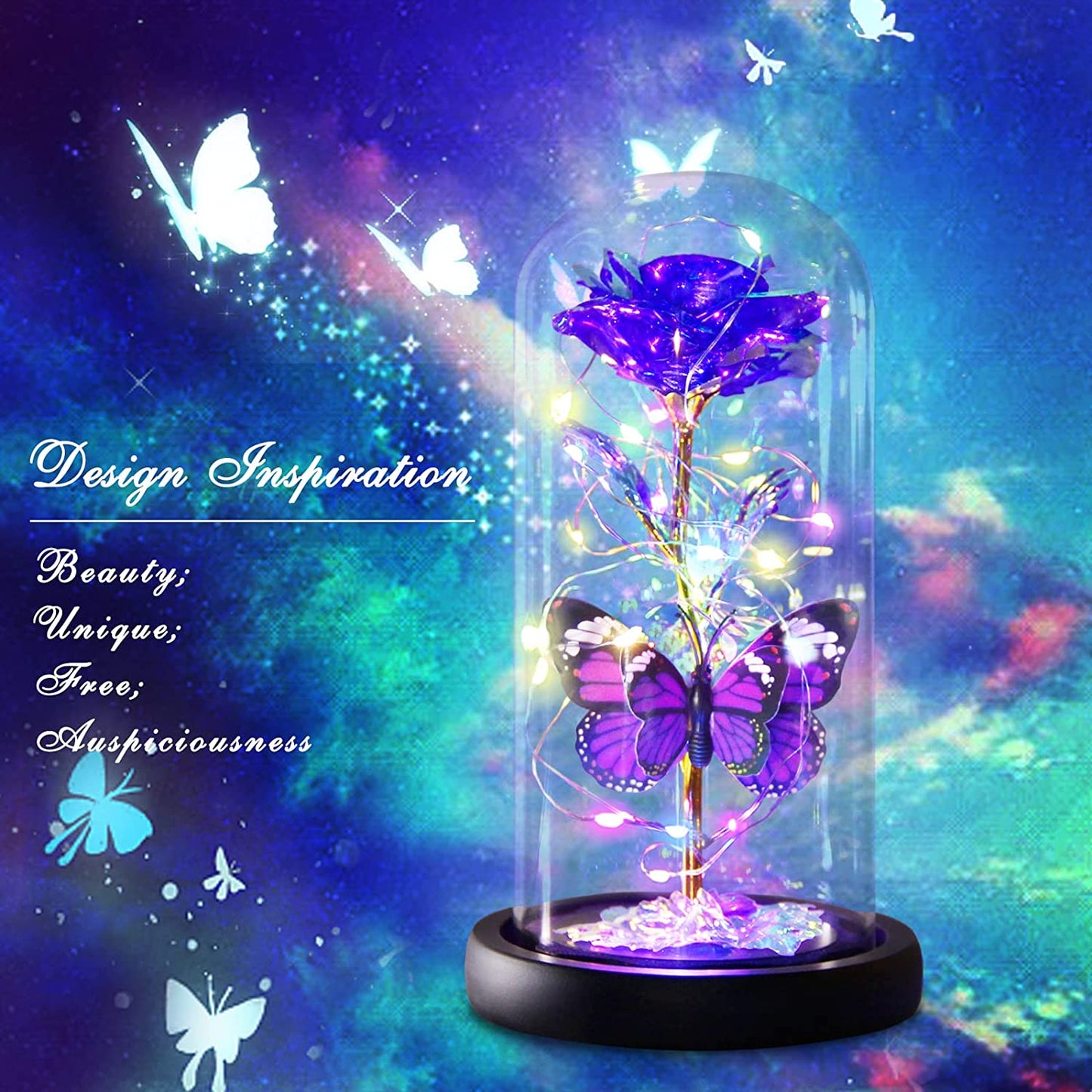 Valentines Day Gifts for Her, Enchanted Galaxy Roses in Glass Dome, Light Up Purple Rose