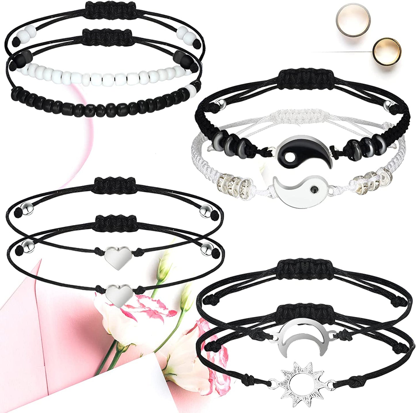 4 Sets Matching Yin Yang Couple Bracelets Pinky Promise Sun & Moon Bead Heart, Novel Style