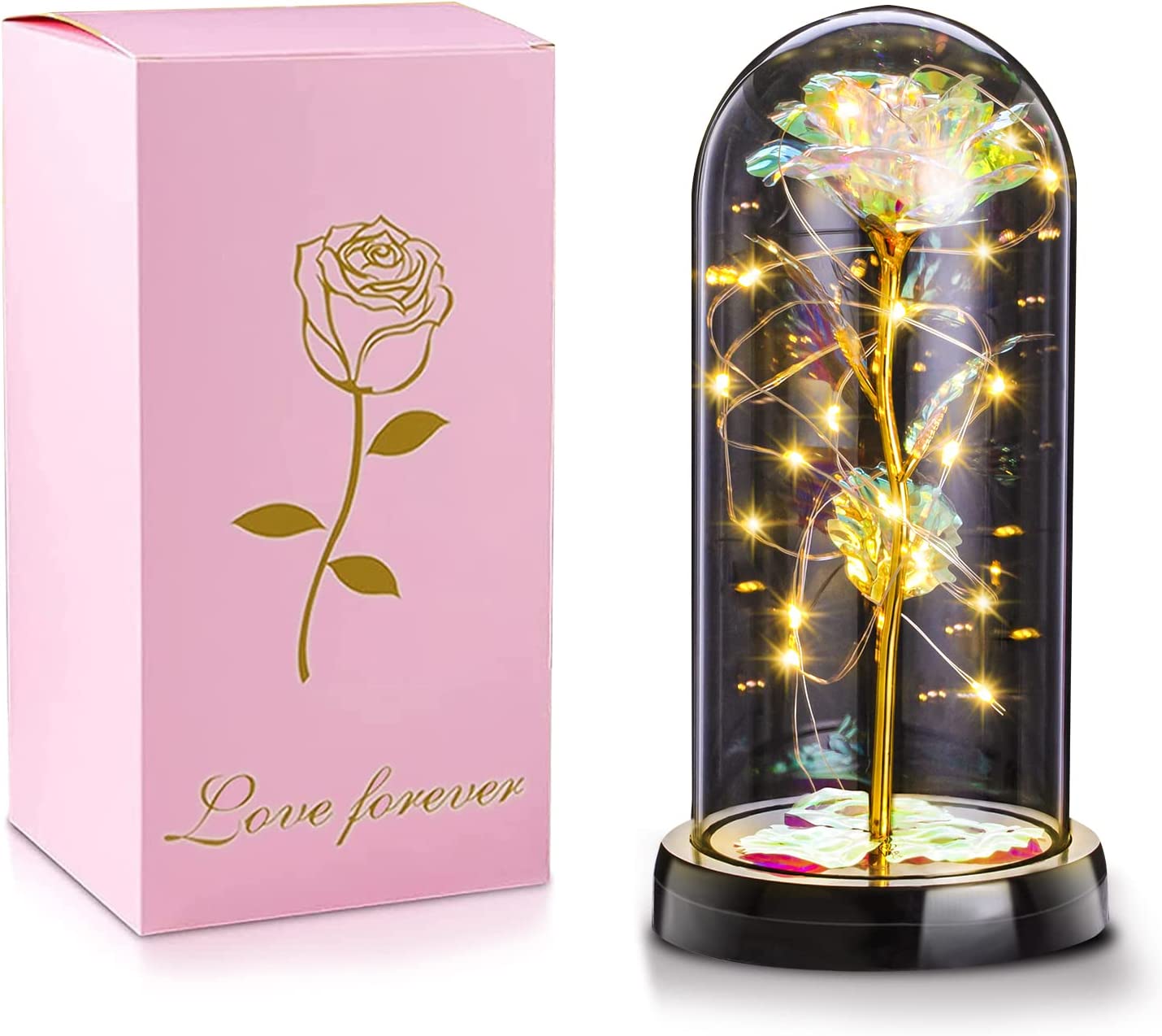 Galaxy Flower Rose Gifts, Artificial Flower Rose w/ LED Flowers in Glass Dome