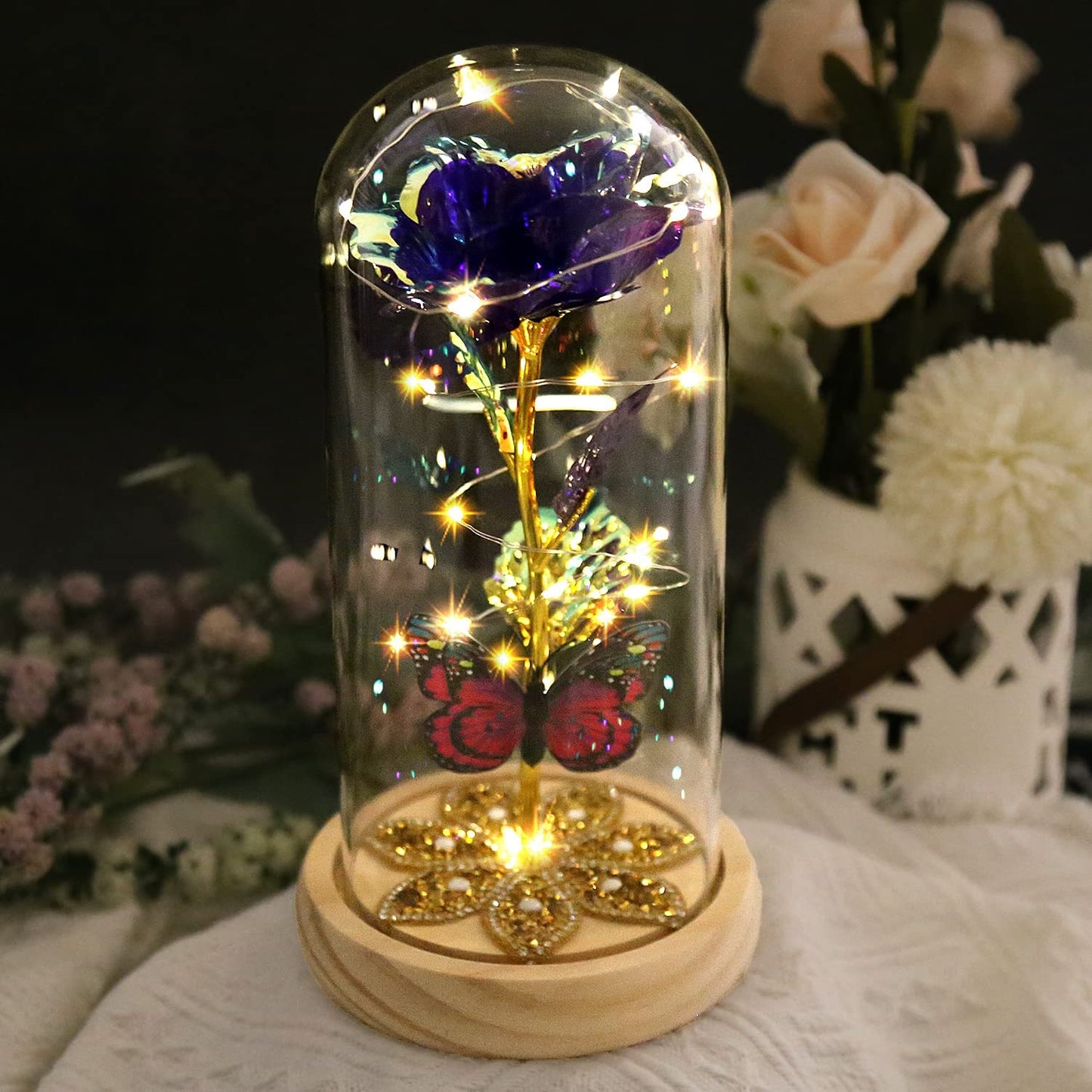 Beauty and The Beast Rose Light Up Rose Gift w/ Butterfly in Glass Dome (Purple)