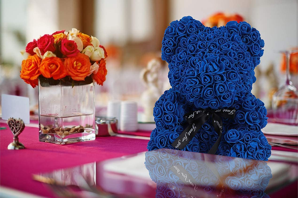 Rose Teddy Bear,10" Flower Bears w/ Lights, Foam Artificial Flower (A-Royal Blue)