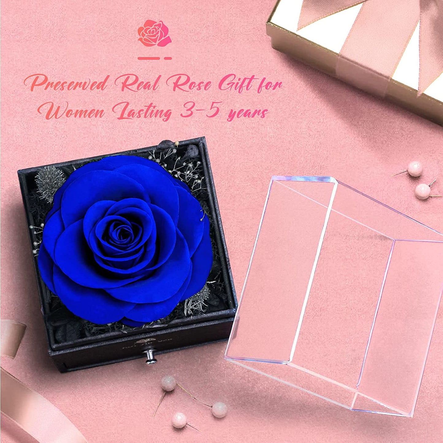 Preserved Blue Real Rose Gift with Austria Crystal Necklace for Valentines Gift for Women