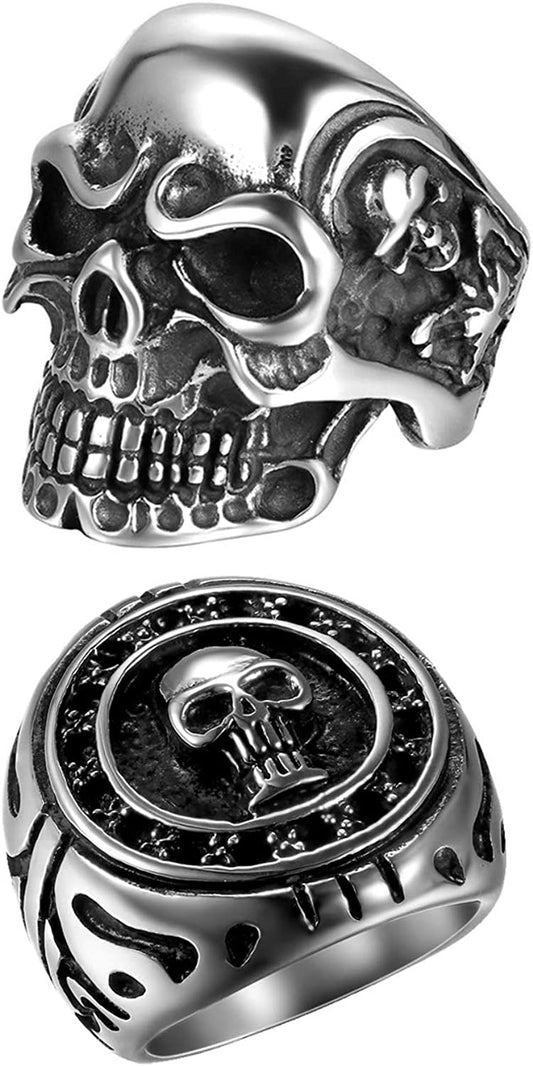 2Pcs Bikers Stainless Steel Gothic Skulls Ring,Black Silver, Size 8-15